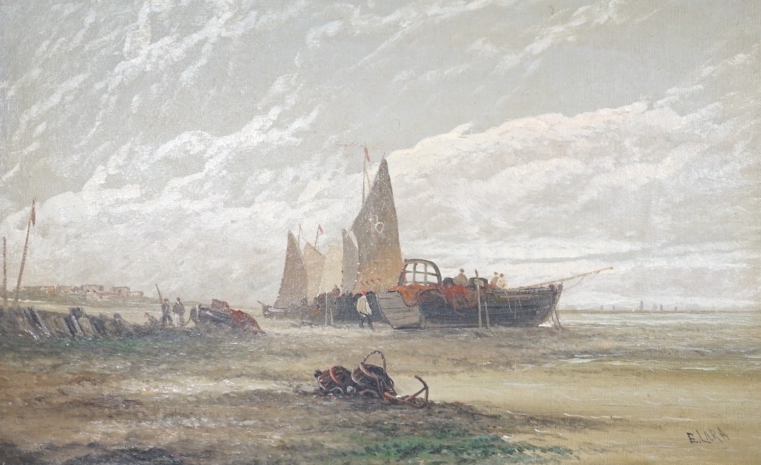 Edwina Lara (fl.1862-1871), oil on canvas, 'Low Water near Hove', signed, 25 x 40cm